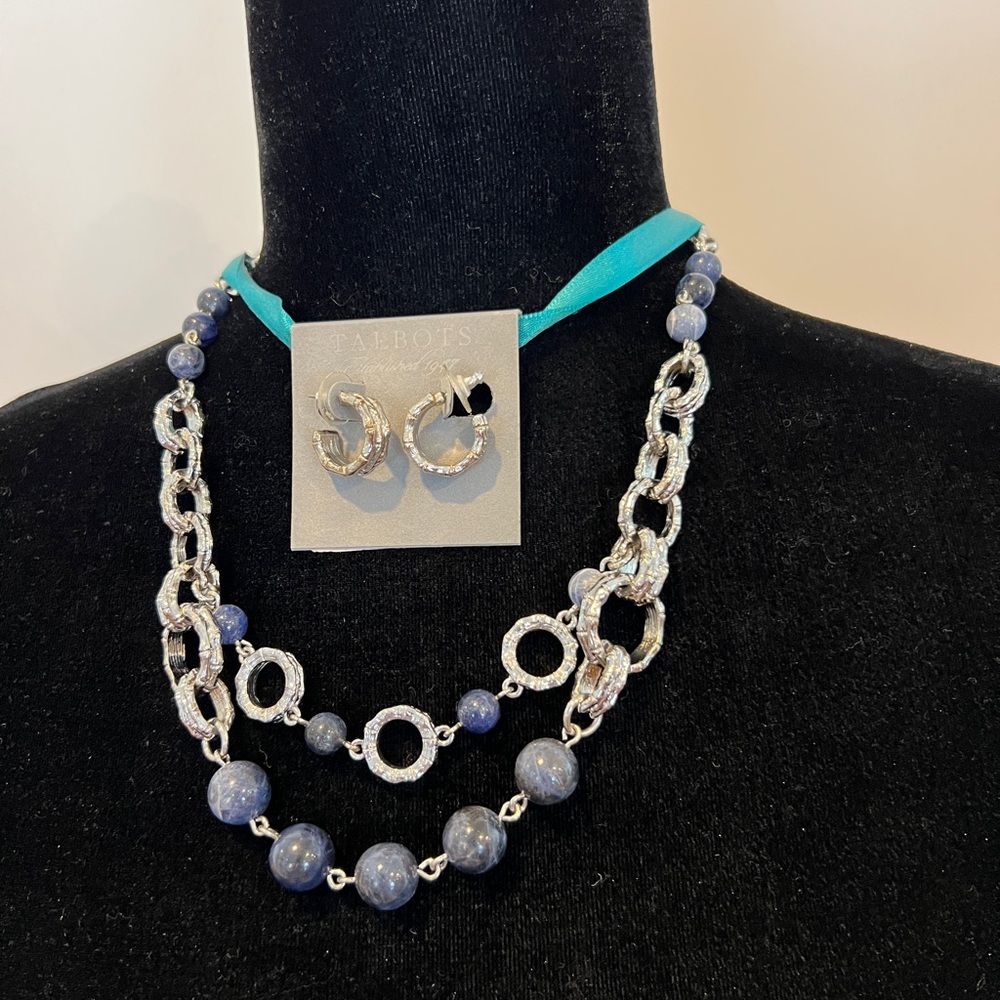Talbots Silver, Blue, Bamboo Necklace & Silver Earrings